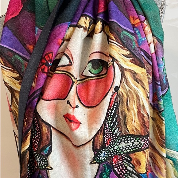 NWOT Colorful Artistic Lady Dog Wool Blend Double Sided Fabric Large Scarf - Picture 2 of 12